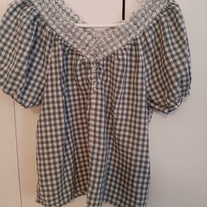 Blue Gingham Lace Trim Women's Top